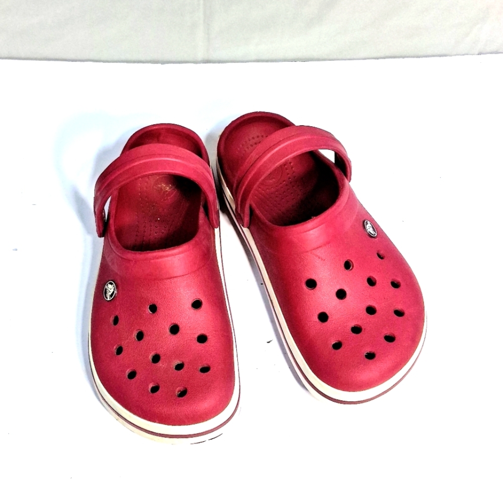 Unisex Men's 5 Women's 7 Burgundy Barbiecore Croc's Clogs with White Accents